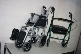 AN ABLEWORLD FOLDING WHEELCHAIR with footrests and a Days Disability walker (2)