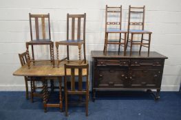 AN OAK BARLEY TWIST GATE LEG TABLE (sd) and four matching chairs, along with an oak geometric