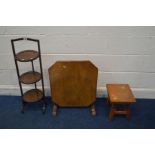 AN OAK FOLDING THREE TIER CAKE STAND, along with a folding occasional table and a stool (3)