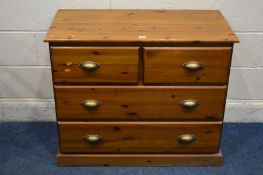 A MODERN PINE CHEST OF TWO SHORT OVER TWO LONG DRAWERS, width 92cm x depth 45cm x height 76cm