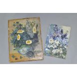 TWO STILL LIFE PAINTINGS, depicting cottage garden flowers, unsigned oils on board, largest size