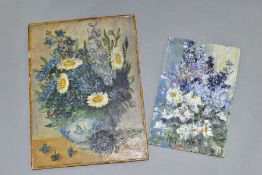 TWO STILL LIFE PAINTINGS, depicting cottage garden flowers, unsigned oils on board, largest size