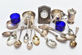 A BOX OF SILVER ITEMS, to include two silver mustards, each of a circular design with three engraved