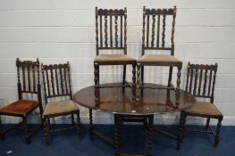 AN EARLY TO MID 20TH CENTURY OAK BARLEY TWIST GATE LEG TABLE (sd) four similar chairs and another