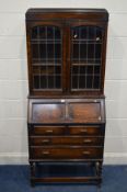 AN EARLY 20TH CENTURY OAK BUREAU BOOKCASE, width 77cm x depth 41cm x height 177cm