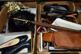 TWO BOXES OF HANDBAGS, BELTS, LADIES SHOES, UMBRELLAS, etc, to include leather purse, snakeskin