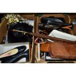 TWO BOXES OF HANDBAGS, BELTS, LADIES SHOES, UMBRELLAS, etc, to include leather purse, snakeskin