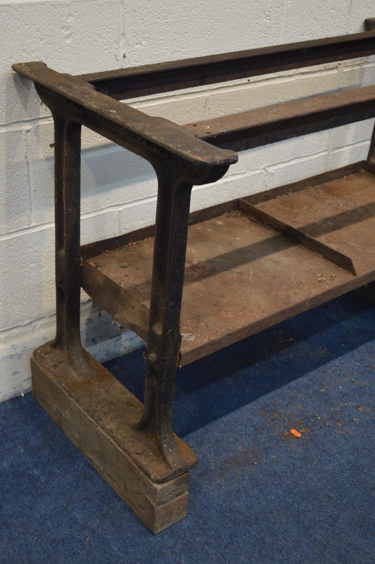A VINTAGE CAST IRON TABLE BASE united by a undershelf, width 105cm x depth 56cm x height 73cm - Image 2 of 3