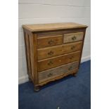 AN EDWARDIAN SATINWOOD CHEST OF TWO OVER THREE LONG GRADUATED DRAWERS, on baluster legs, width 111cm