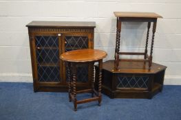 AN OAK LEAD GLAZED TWO DOOR BOOKCASE, width 92cm x depth 33cm x height 102cm, and a matching