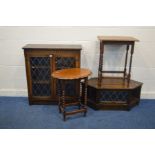 AN OAK LEAD GLAZED TWO DOOR BOOKCASE, width 92cm x depth 33cm x height 102cm, and a matching