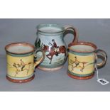 A PAIR OF GLYN COLLEDGE OF DENBY HAND PAINTED HUNTING MUGS AND A BALUSTER SHAPED TANKARD,