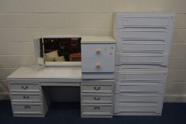 TWO PAINTED CHEST OF FOUR LONG DRAWERS, along with a dressing table with triple mirrors, and a two