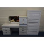 TWO PAINTED CHEST OF FOUR LONG DRAWERS, along with a dressing table with triple mirrors, and a two
