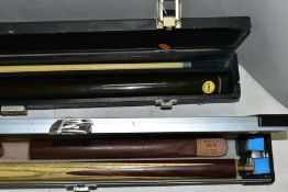 TWO CASED CUES, two piece 'Edwardian' by Burroughes & Watts Cues which has been altered to accept an