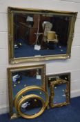 A MODERN GILT FRAMED BEVELLED EDGE WALL MIRROR, 104cm x 74cm, along with five various other gilt