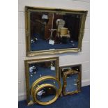 A MODERN GILT FRAMED BEVELLED EDGE WALL MIRROR, 104cm x 74cm, along with five various other gilt