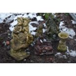 SIX COMPOSITE GARDEN FIGURES including twins on a bench 50cm high (6)