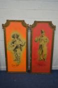 A PAIR OF 20TH CENTURY GILT ON PAPIER MACHE/WOOD MUSIC HALL FOYER FRAMES, containing prints of