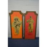 A PAIR OF 20TH CENTURY GILT ON PAPIER MACHE/WOOD MUSIC HALL FOYER FRAMES, containing prints of