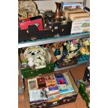 FIVE BOXES AND LOOSE BOOKS, CERAMICS, METALWARE, KITCHEN UTENSILS, ETC, including a quantity of