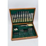 A COMPLETE CANTEEN OF CUTLERY, a light wooden canteen containing a forty eight piece set includes