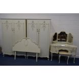 A LOUIS XV STYLE OLYMPUS BEDROOM SUITE, comprising two sized double door wardrobes, width 125cm x