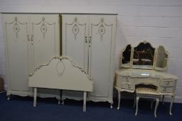 A LOUIS XV STYLE OLYMPUS BEDROOM SUITE, comprising two sized double door wardrobes, width 125cm x