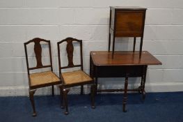 A VICTORIAN WALNUT SUTHERLAND TABLE, sewing box and two cane seated chairs (4)