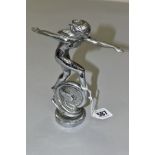 A CHROME 'SPEED NYMPH' CAR MASCOT, in the style of the Crossley design of a lady on a winged wheel