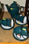 A DENBY GREENWICH TEASET FOR SIX, comprising tea cups, saucers and teapot (Condition:- Signs of