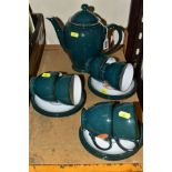 A DENBY GREENWICH TEASET FOR SIX, comprising tea cups, saucers and teapot (Condition:- Signs of