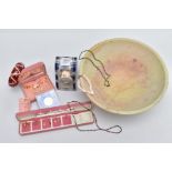 A BOX OF ITEMS, to include a stone bowl, a cased 1945-1995 two-pound commemorative coin for the '