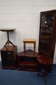 A QUANTITY OF MODERN MAHOGANY FURNITURE, to including a glazed corner cupboard, hi fi cabinet, tv