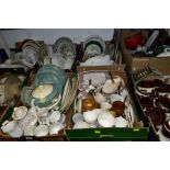 EIGHT BOXES OF ASSORTED KITCHEN CROCKERY AND COOKING UTENSILS, including Wedgwood and Co 'Garden'
