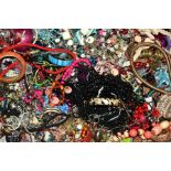 A LARGE BOX OF COSTUME JEWELLERY, to include bangles, bracelets, beaded necklaces, rings,