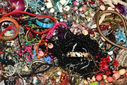 A LARGE BOX OF COSTUME JEWELLERY, to include bangles, bracelets, beaded necklaces, rings,