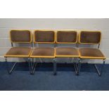 A SET OF FOUR MARCEL BREUER STYLE, MODEL CESCA BEECH AND CHROME DINING CHAIRS