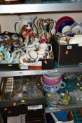 THREE BOXES AND LOOSE CERAMICS AND GLASSWARE, ETC, including five Sylvac ware tankards, 20th century