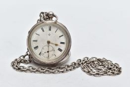 A SILVER OPEN FACED POCKET WATCH WITH ALBERT CHAIN, the pocket watch with a circular white dial,