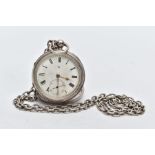 A SILVER OPEN FACED POCKET WATCH WITH ALBERT CHAIN, the pocket watch with a circular white dial,