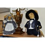 A PAIR OF NOVELTY HESSIAN MICE DOORSTOPS, dressed as a gentleman and maid, tallest height