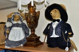 A PAIR OF NOVELTY HESSIAN MICE DOORSTOPS, dressed as a gentleman and maid, tallest height