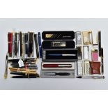 A BOX OF PENS, PENCILS AND LIGHTERS, to include a variety of ball point, fountain pens and