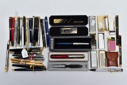 A BOX OF PENS, PENCILS AND LIGHTERS, to include a variety of ball point, fountain pens and