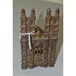 A CAST IRON MONEY BOX, in the form of a twin towered Gothic Cathedral , marked bank to front, flat V