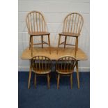 AN ERCOL MODEL 382 BLONDE ELM AND BEECH REFECTORY TABLE, on square tapering legs, length 138cm x