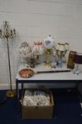 A QUANTITY OF VARIOUS LIGHTING, to include a brass and ceramic three branch table light, six various