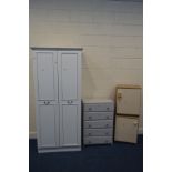 A MODERN WHITE TWO DOOR WARDROBE, and a matching dressing table, together with a painted chest of