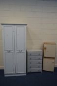 A MODERN WHITE TWO DOOR WARDROBE, and a matching dressing table, together with a painted chest of